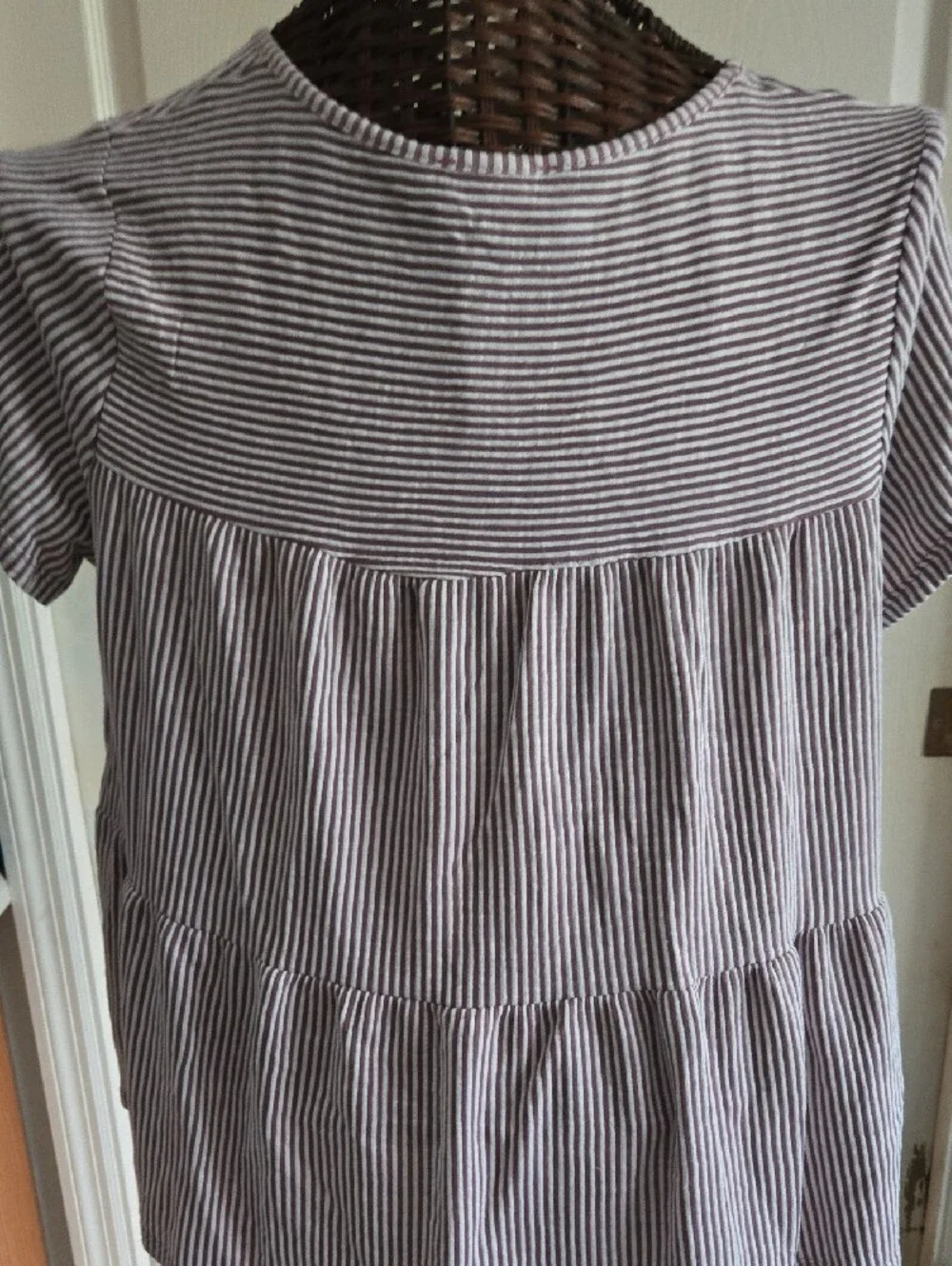 Exclusive One Striped Short-Sleeve Peplum Babydoll Top in Maroon Stripe-Size XL